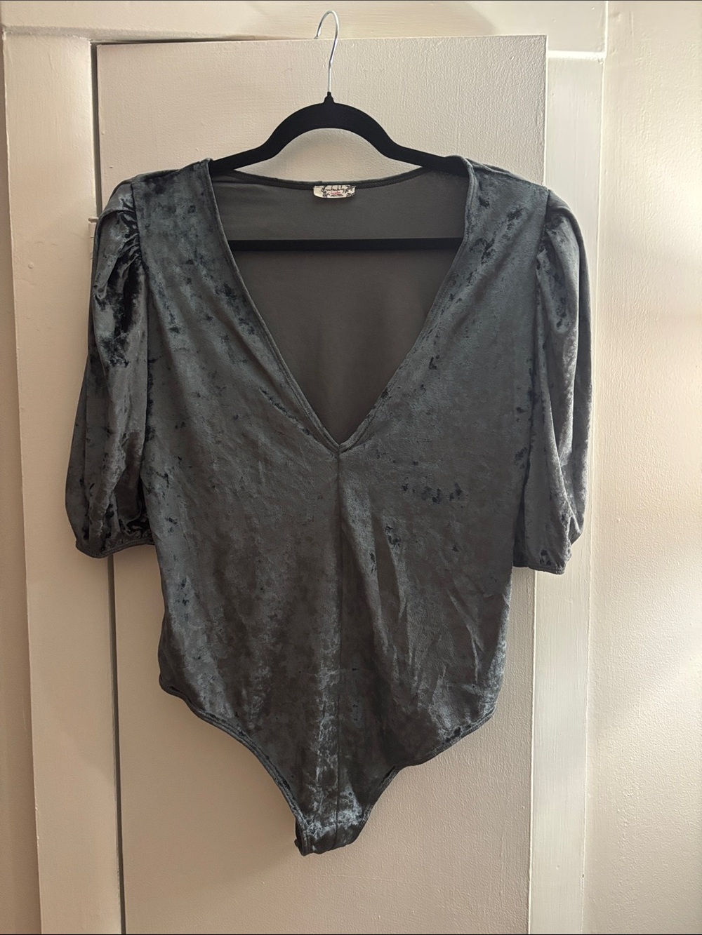 Free People Slate Velvet V-Neck Puff Sleeve Bodysuit